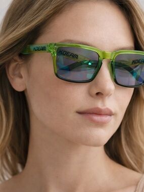 KDEAM Green Transparent Rectangle Sunglasses with Blue Mirrored Lenses